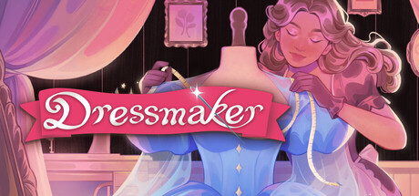 Dressmaker official key art — the seamstress pinning a blue dress on a mannequin in her Twillford workshop