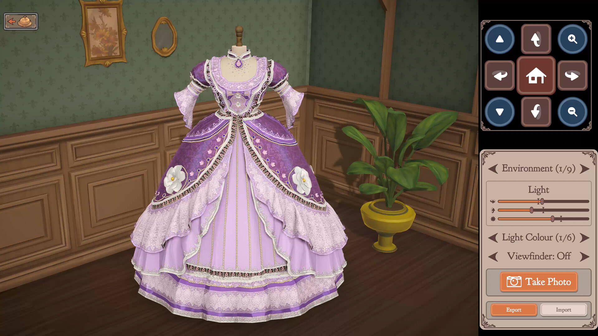 Dressmaker photo mode showing a purple ballgown