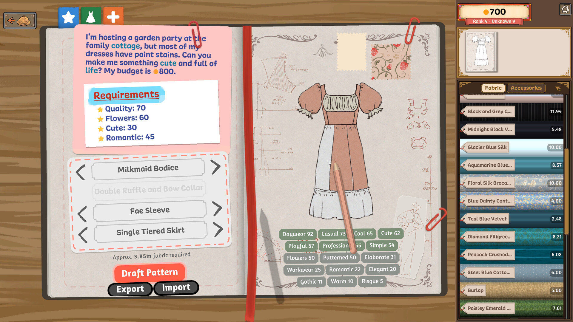 Dressmaker sketchbook: customer requirements and style tags